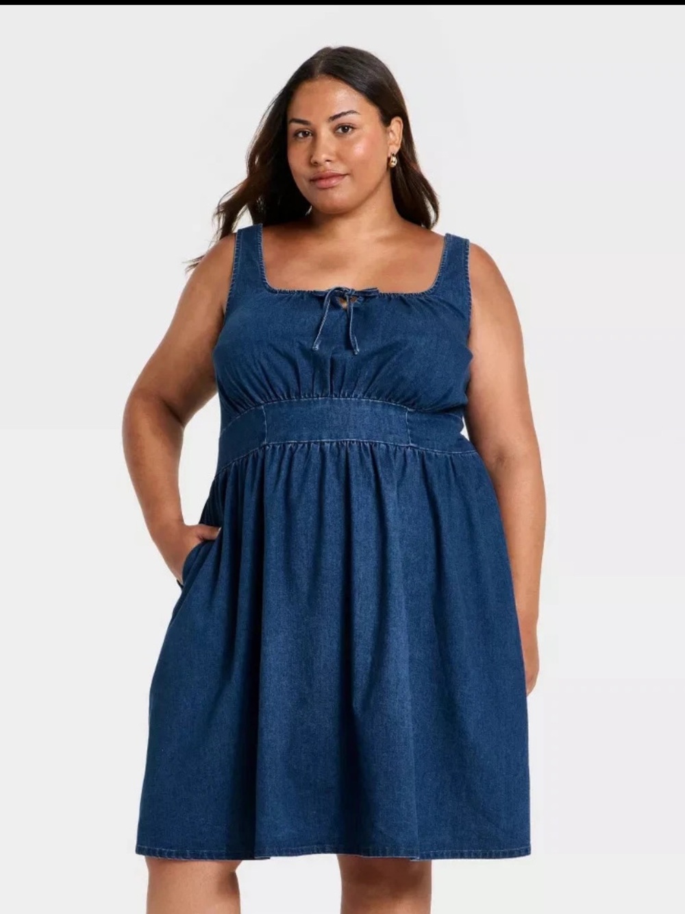 Ava & Viv Dark Blue Denim Square-Neck Tie-Front Mini Dress